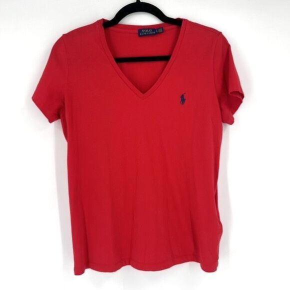 Polo Ralph Lauren Womens Solid V Neck Short Sleeve Top Red Size Large Logo chest - Picture 1 of 8